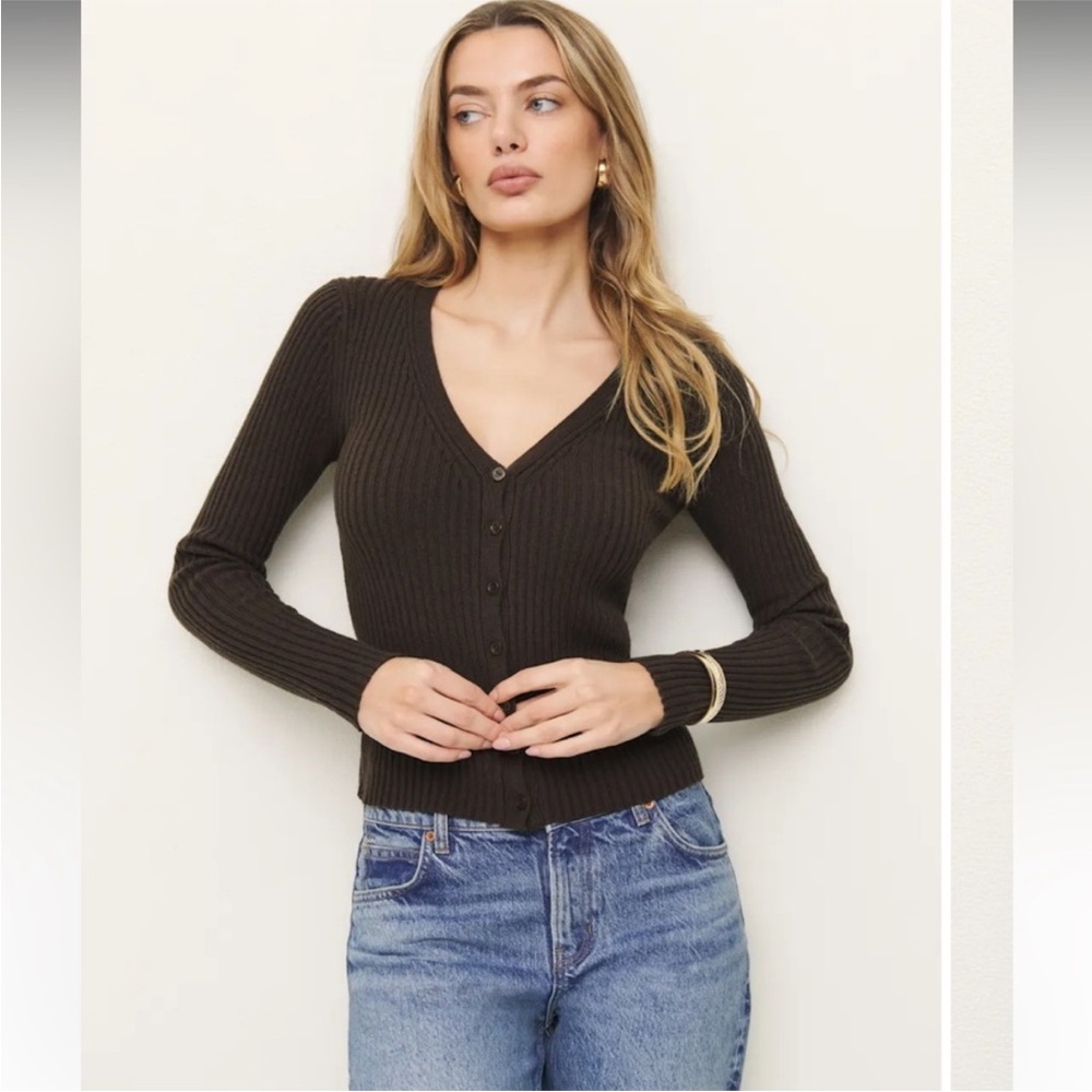 The Reformation Ribbed V-Neck Sweater - Cardigan Brown